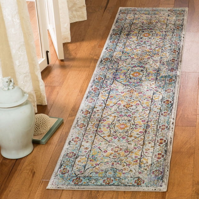 Safavieh Aria Lucy Tapis Traditionnel 2'x8' Coureur avec Motif floral Persan Vieilli et Médaillon en Bleu, Jaune et Rouge Atténués sur Fond Clair, Fil Synthétique Tissé Mécaniquement pour la Durabilité, Placé sur Plancher de Bois Franc Près des Rideaux Crème et du Pot Décoratif en Céramique, Idéal pour les Zones à Fort Passage.