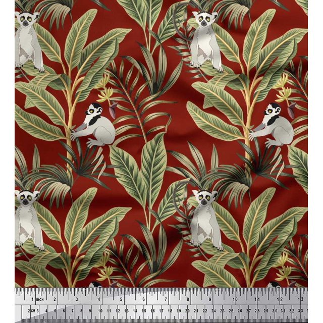 Soimoi Polyester Crepe Fabric Leaves & Lemur Animal Decor Fabric Printed Yard 52 Inch Wide