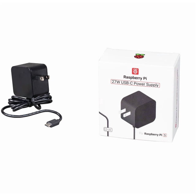 803395 - USB-C WALL CHARGER 5.1VDC 5A 27W FOR RASPBERRY PI5 front-facing compact white USB-C wall charger with integrated prongs, single USB-C output port, smooth matte plastic housing and Raspberry Pi branding on the side, photographed on a neutral background; often used to power Raspberry Pi 5 single-board computers.