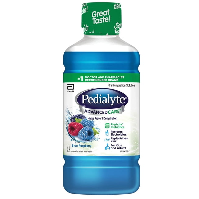 Pedialyte AdvancedCare liquid electrolyte solution in a 1-L blue raspberry bottle with green cap, an oral rehydration solution that helps prevent dehydration by restoring electrolytes and zinc, suitable for kids and adults.