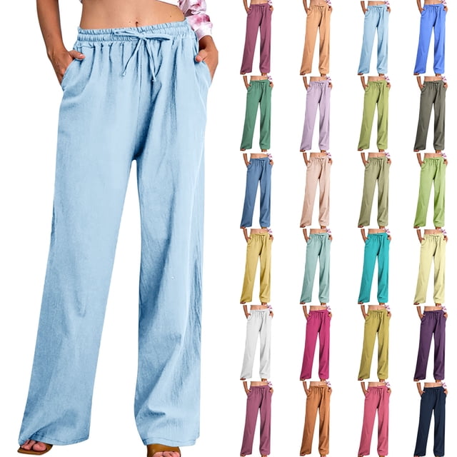QATAINLAV Sales of The Week Womens Plus Size High Waisted Linen Pants Summer Drawstring Wide Leg Beach Pants Solid Casual Lounge Trousers with Pockets Green M