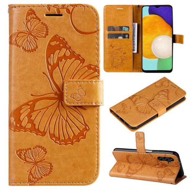TECH CIRCLE Galaxy A14 5G Wallet Case,Butterfly Embossed PU Leather Flip case Cover Stand Feature with Wrist Strap and Card Holder Protective Phone Case for Samsung Galaxy A14 5G 6.6 inch 2023,Yellow