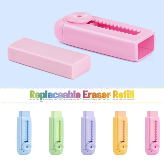 RKSTN pastel colorful erasers with a push mechanism and roller design, shown in pink with a replaceable eraser refill. Includes pastel options in blue, green, purple, yellow, and pink. Ideal for students, these erasers remove pencil marks without leaving traces or scraps, making them suitable for school supplies and classroom use.