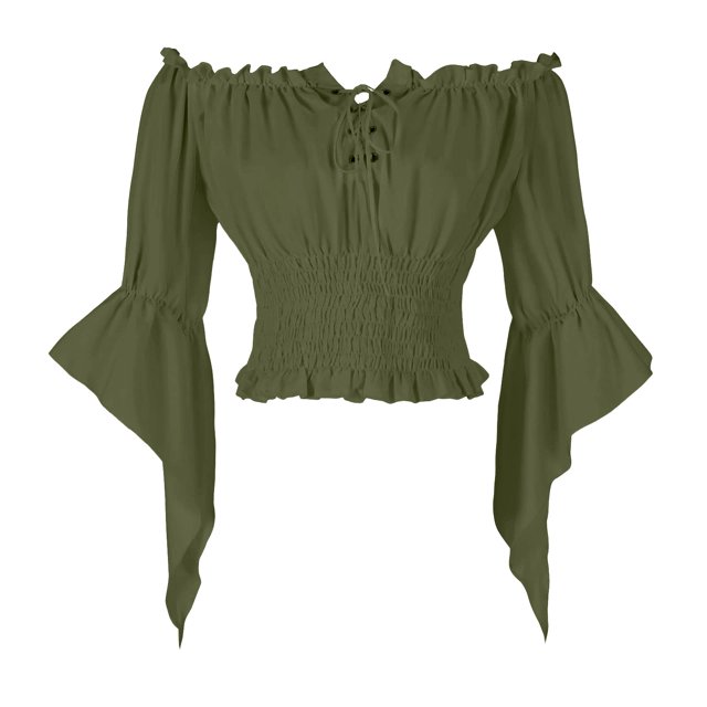 bbymog Womens Renaissance Peasant Blouse Off Shoulder Trumpet Sleeve Tops Army Green XXL