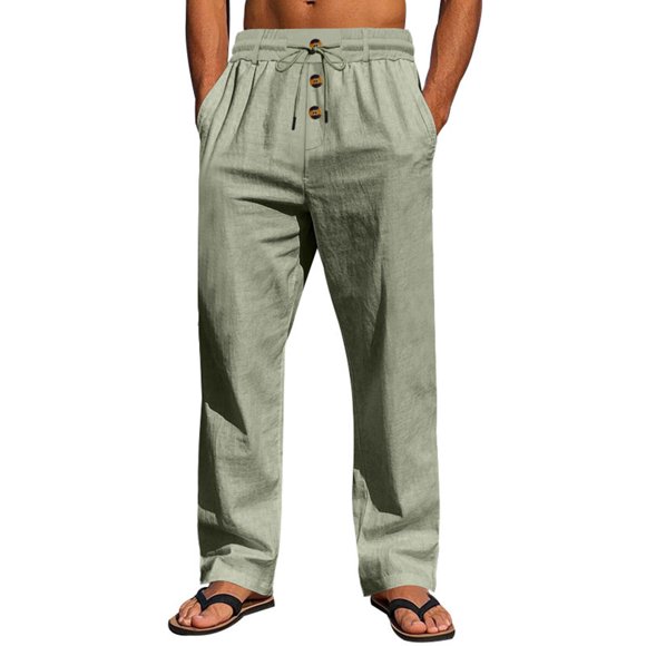 UAMVSH Linen Pants for Men Lightweight Button Summer Fall Beach Vacation Pants with Pockets Soft Wide Leg Drawstring Pants(Medium,Green)