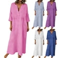 thumbnail image 2 of Xugsiok Robe en Lin pour Femmes à Boutons Manches 3/4 Col Ras du Cou Robe d'Été Couleur Unie Robes Amples Vacances Affaires Entraînement Plage Fluide Plissée Tuniques Robes Maxi d'Été, 2 of 8