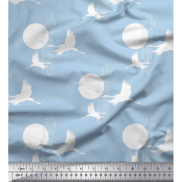 Soimoi Rayon Fabric Bamboo Tree,Moon & Stork Bird Decor Fabric Printed Yard 56 Inch Wide