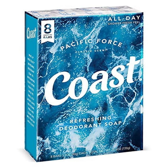 Coast Déodorant Savon Rafraîchissant - Savon en Barre à Mousse Épaisse et Riche - Formule de Rinçage Propre pour une Peau Fraîche et Non Sèche - Parfum Classique - 8 x 4 oz
