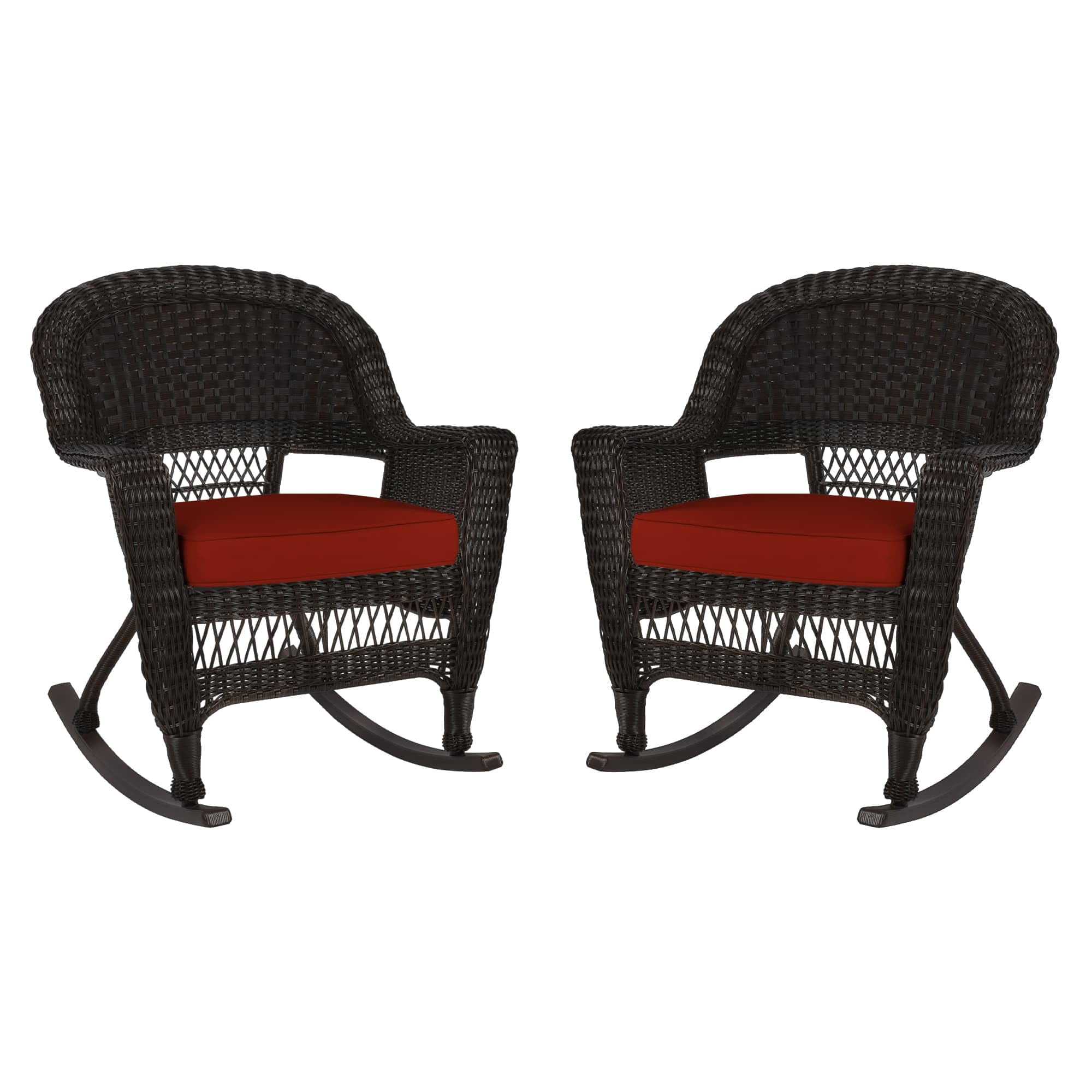 Jeco Chaise Berçante en Osier Noire avec Coussin Rouge (Ensemble de 2)