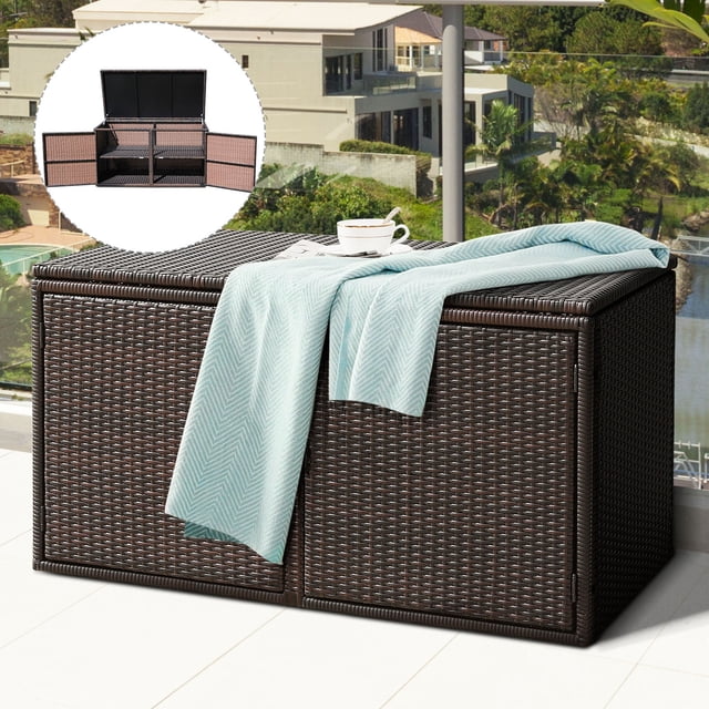 Gymax 88 Gallon Rattan Storage Box Outdoor Patio Container Seat in mix brown, designed for outdoor storage and seating. Made with a sturdy steel frame and tight rattan, it features a spacious 88-gallon interior with two layers for cushions, garden tools, and other items. The box opens via a top cover or front doors with handles for convenience. Adjustable feet provide stability on uneven surfaces. Ideal as a deck box or outdoor storage container for patios, gardens, or poolside areas.