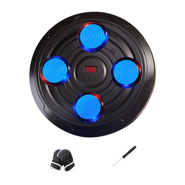 Lipstore Kids Music Boxing Machine Wall Target with four blue adjustable punching pads, dazzling lights, and a central digital display. Includes gloves and a screwdriver for easy installation. Ideal for home or gym use to enhance hand-eye coordination, agility, and strength. Suitable for fitness training and boxing practice.