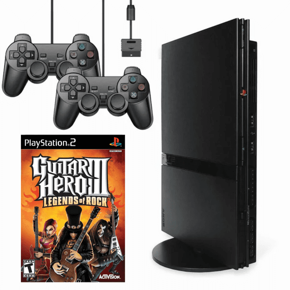 Sony Playstation 2 PS2 Console Slim Système de Jeu avec 2 Manettes Retrofam et Jeu Guitar Hero III (Remis à Neuf)