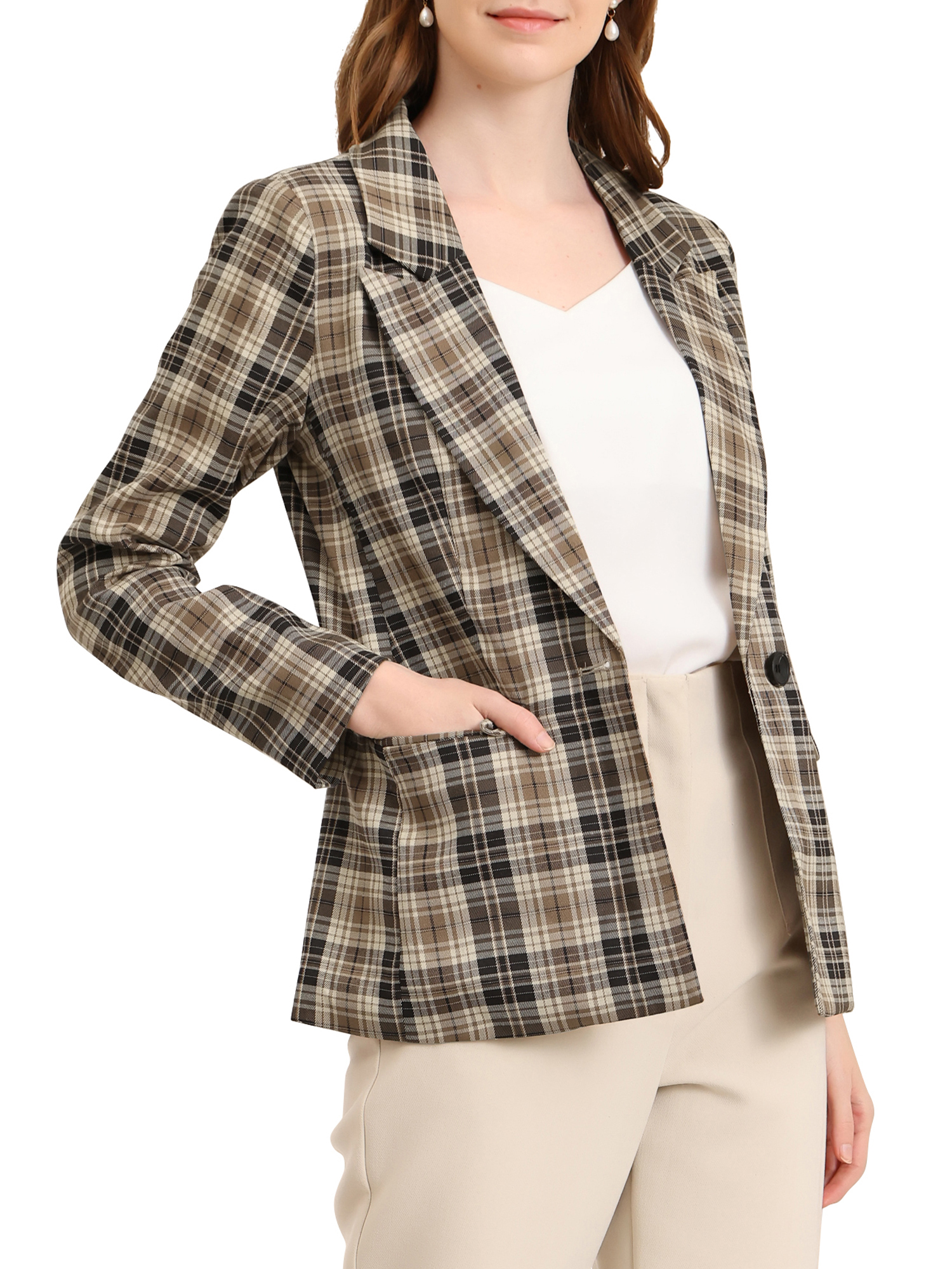 INSPIRE CHIC Blazers pour Femmes Revers Cranté Manches Longues un Bouton Blazer à Carreaux Brun Noir TP