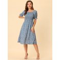 thumbnail image 3 of INSPIRE CHIC Robe pour Femme Smockée à Fleurs à Encolure Carrée Manches Courtes Bouffantes Printemps Été Robes Midi Bleu Poussiéreux L, 3 of 5