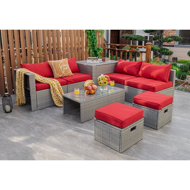 Costway Ensemble de Mobilier de Terrasse en Rotin 8 Pcs Housse de Rangement Imperméable Coussin Rouge