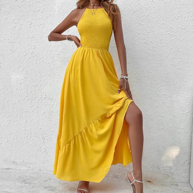 Ovzne Robes pour Femmes Robe d'Été pour Femmes Couleur Unie Col Rond Sans Manches Bretelles Élasticité Robe Asymétrique à Volants Robe Grande Taille Liquidation