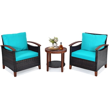 Patiojoy 3-Piece Patio Rattan Bistro Set Acacia Wood Frame Sofa and Side Table Turquoise