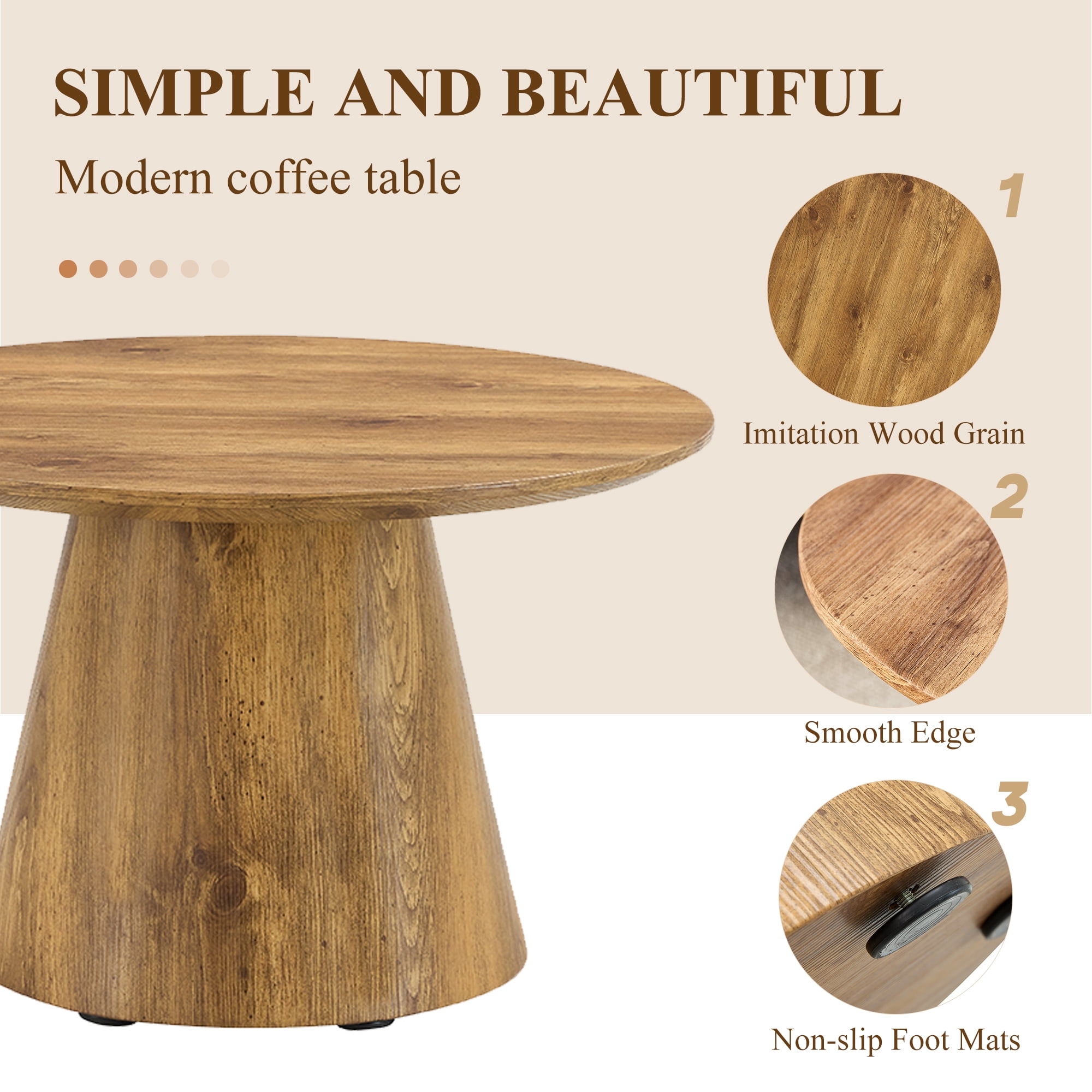Noble House 23.6" Round Coffee Table,Minimalist Design,Wood