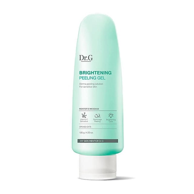 Dr.G Brightening Peeling Gel 120g in a light green squeeze tube with white flip cap, designed for gentle face exfoliation and brightening sensitive skin with vitamin C derivative and gommage peeling, supporting moisturized and clear skin texture.