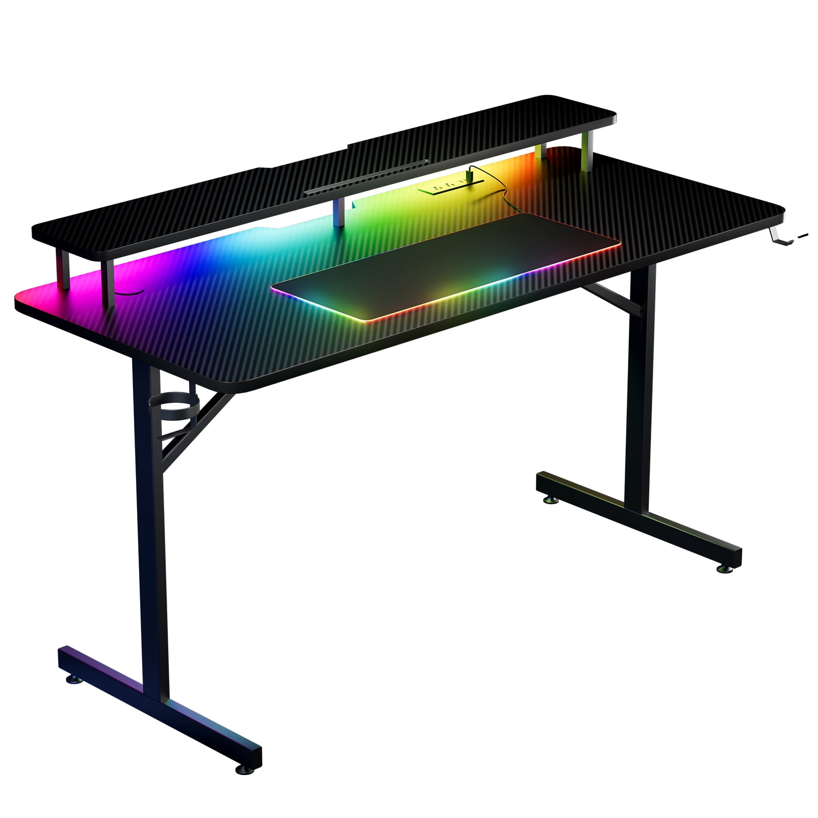 GTRACING Lumina Elite LED Gaming Desk with USB and Power Outlets, for Home and Office, Monitor Stand and Wireless Charging, Black