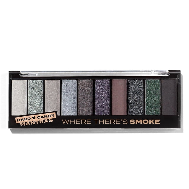 Hard Candy Top Ten Eyeshadow Palette Where There’s Smoke with 10 long-lasting sultry smoky shades in mattes, shimmers, and metallics in a slim black rectangular case with clear lid, suitable for blendable, crease-free eye looks.
