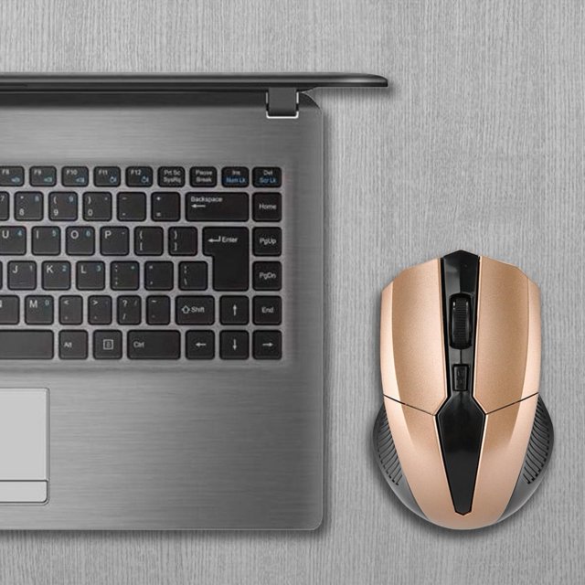 Ergonomic Wireless Mouse Wireless Mice Wireless Mouse Rechargeable Wireless Mouse Computer For Gaming shown in a sleek gold and black design, placed next to a laptop on a wooden surface. Features include 2.4GHz wireless technology, adjustable DPI, and ergonomic design for comfort. Suitable for home, office, and gaming use.