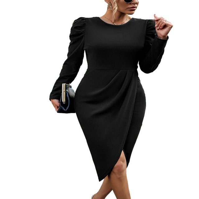 Robe Midi pour Femmes Manches Longues Col Rond Fendue Robe d'Automne