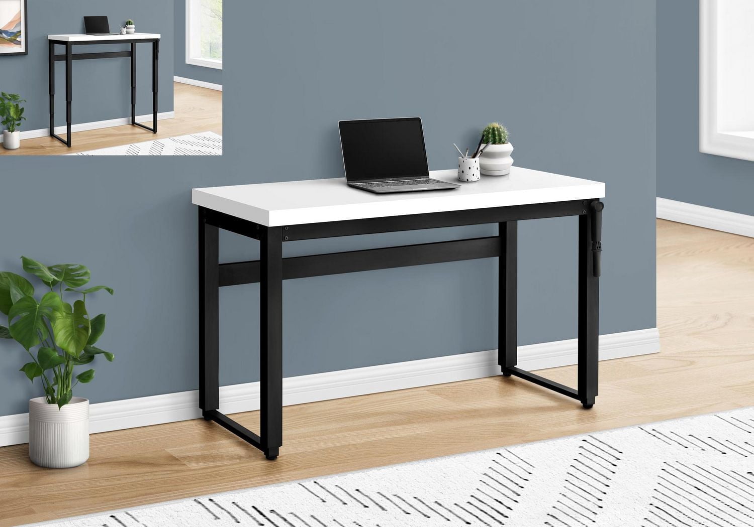 Monarch Specialties Bureau, Bureau À Domicile, Debout, Ajustable, 48"l, Travail, Ordinateur Portable, Métal, Stratifié, Blanc, Noir, Contemporain, Moderne