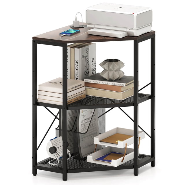Costway Corner Printer Stand with Charging Station Adjustable Metal Mesh Shelf Brown