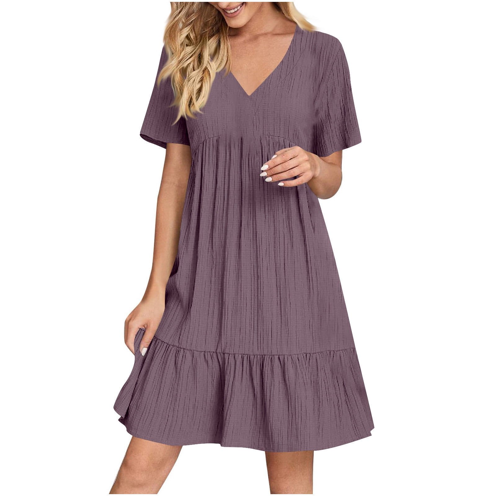 LOVZFMLL Robes d'Été Décontractées pour Femmes à Manches Courtes Évasées Col en V à Volants Longueur Genou Robe de Plage Violette