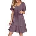thumbnail image 1 of LOVZFMLL Robe d'Été pour Femme Décontractée Évasée à Manches Courtes, Col en V, à Étages, Ligne A, Fluide, Robe de Plage à Volants, Longueur Genou, Robe Soleil, Violet, TTG, 1 of 9
