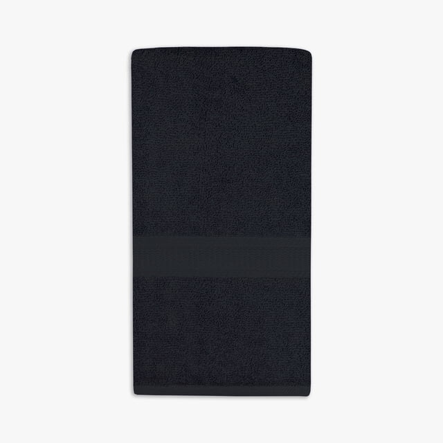 Mainstays Basics Solid Hand Towel in black, 16 by 26 inches, made from 100% cotton with a soft, absorbent texture and a woven band detail, ideal for daily bathroom use and suitable as a cleaning cloth for household surfaces.