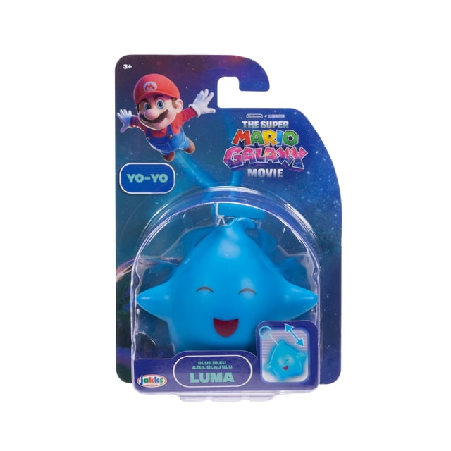 Le Film Galaxie Super Mario – Yo-Yo Étoile Luma Bleue Est un Yo-Yo Bleu Phosphorescent en Forme d'Étoile avec un Visage Souriant et une Corde Rétractable, Emballé avec des Graphiques à Thème Spatial et une Image de Marque Mario, Convient aux 3 Ans et Plus.