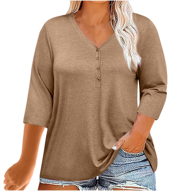 Plebaso Womens Plus Size Tops 3/4 Sleeve V Neck Casual T Shirts Loose Solid Color Button down Blouses Tees