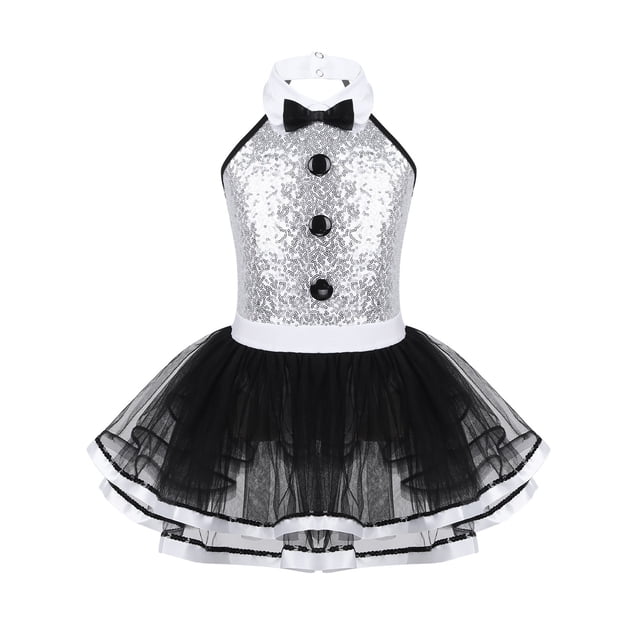 ranrann Jupe Tutu à Sequins Col Halter pour Filles Robe de Danse Ballet Déguisement Noir 10