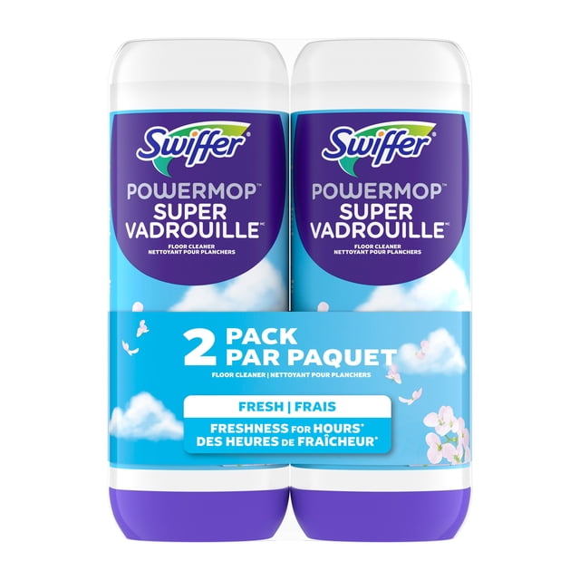 Swiffer Power Mop Refill Solution double pack with two 25.3 fl oz bottles of fresh-scented floor cleaner for multi-surface use on tile, vinyl, laminate, and wood floors, featuring fast-drying formula and bilingual English-French packaging with blue sky and floral design on white and purple bottles.