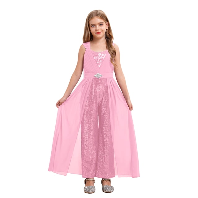 TiaoBug Combinaison à Sequins pour Filles Combinaisons Sans Manches Robe Maxi en Chiffon Combinaisons pour 7-14 Ans Rose 10