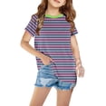 thumbnail image 1 of Penkiiy T-Shirts à Manches Courtes à Blocs de Couleur Rayés pour Filles, Col Rond Décontracté, Été, Mignons, Hauts Tee 4-13 Ans Rose, 1 of 4
