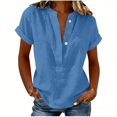 thumbnail image 1 of Wensltd Women Cotton Linen Shirts Solid Color Short Sleeve V Neck Basic Tops Casual Lightweight for Daily Wear Blue, 1 of 6