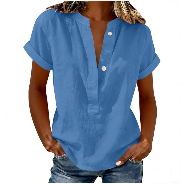 Wensltd Women Cotton Linen Shirts Solid Color Short Sleeve V Neck Basic Tops Casual Lightweight for Daily Wear Blue