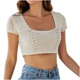 thumbnail image 1 of Square Neck Crop Tops for Women Short Sleeve Crochet Knit Going out Tops Basic Slim Cropped T Shirts, 1 of 4