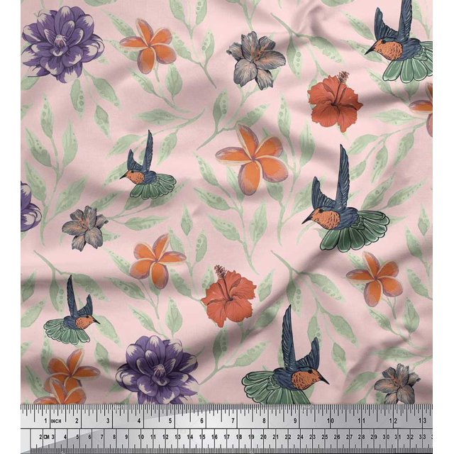 Soimoi Pink Rayon Fabric Flying Bird & Floral Print Fabric by Yard 56 Inch Wide