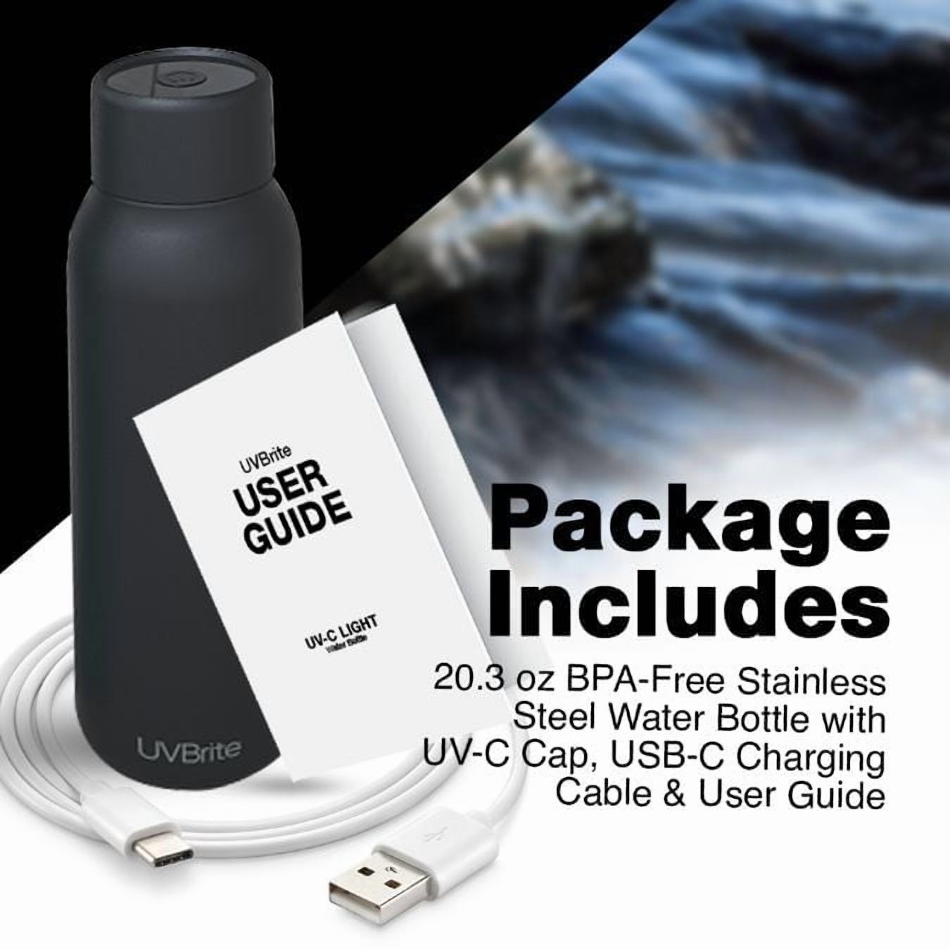 UVBrite Bouteille autonettoyante de 550 ml avec stérilisation UV-C, Noir