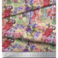 thumbnail image 2 of Soimoi Orange Viscose Chiffon Fabric Floral,Insect & Parrot Bird Printed Fabric 1 Yard 42 Inch Wide, 2 of 3