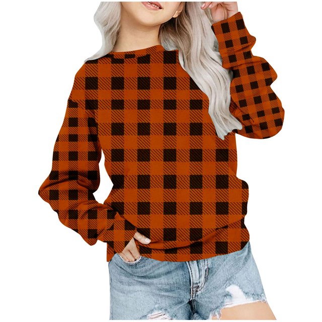 T-shirts Graphiques pour Filles Rabais Chandail à Col Rond Surdimensionné pour Filles Mode pour Enfants Chandail à Manches Longues à Enfiler Hauts 1-12 Ans Chandail Tricoté pour Enfants Orange 9-10T