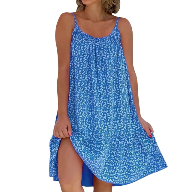 Kcodviy Robe Midi Décontractée pour Femmes à Fleurs O à Rayures, Encolure à Volants, Ourlet Spaghetti, Grande Taille, Robes Maxi à Bretelles Sans Manches, Robe Courte, Longues Robes Mignonnes pour Femmes, Robe de Plage