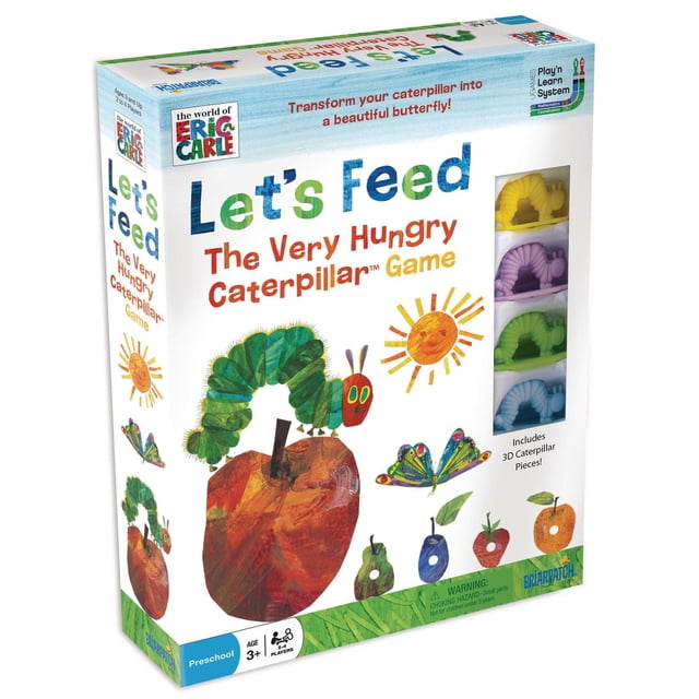 Eric Carle™ Eric Carle Let's Feed The Very Hungry Caterpillar Game box showing colorful 3D caterpillar pieces in yellow, purple, green, and blue, with illustrated fruit and butterfly puzzle images on the packaging, designed for preschool children ages 3 and up to practice counting, number recognition, and decision-making in a classic board game format.