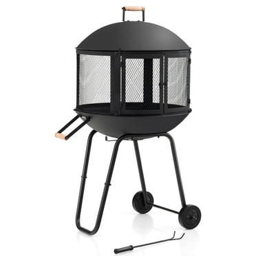 Patiojoy Brasero Portatif avec Roues Brasero à Bois de 28 Pouces avec Grille à Bûches Tisonnier Cheminée Roulante pour Patio Foyer de Camp en Bois pour Réceptions Extérieures