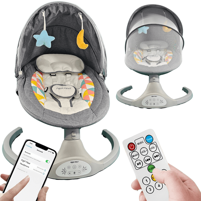 5-Speed Electric Baby Swing with Bluetooth Music, Remote & Timer in gray, featuring a memory-foam seat, silent motor, and 5-point harness. Includes a mosquito net, hanging toys, and ergonomic design for newborns up to 12 kg. The swing offers 5 adjustable speeds, a timer, and Bluetooth connectivity for music playback. Remote control and foldable design make it ideal for indoor and outdoor use.