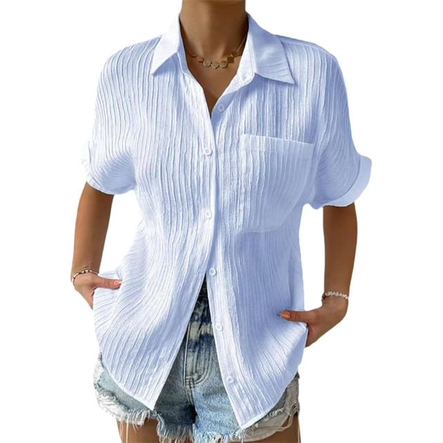 Chemise Décontractée à Col Rond en Dentelle pour Femmes, Été 2025 Couleur Unie Col à Revers Poche Épissée Manches Courtes Chemise Boutonnée